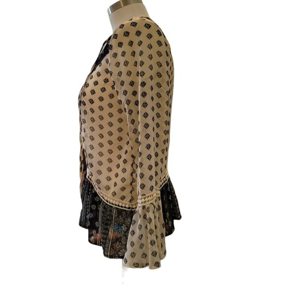 Boho Sheer Blouse Womens Size Small Black White Print Flowy Long Sleeve JJ3488 - Picture 5 of 8